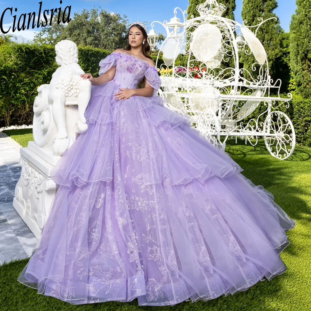 Lilac Quinceanera Dress Ball Gown Applique Tulle Puffy 3D Floral Sweet 16 Girl Princess Birthday PageantEvening Dress