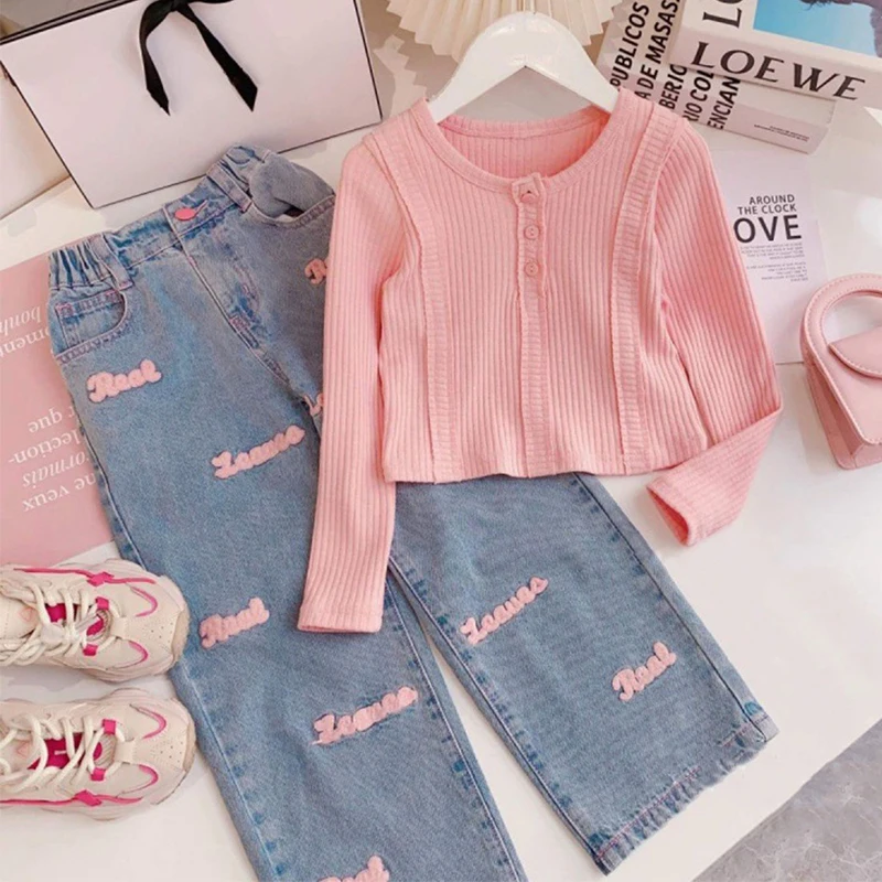 4 5 6 8 10 12 Years Girls Clothing Set Spring Autumn Solid Color Long Sleeve Top+Letter Print Wide Leg Jeans 2Pcs Fashion Suit