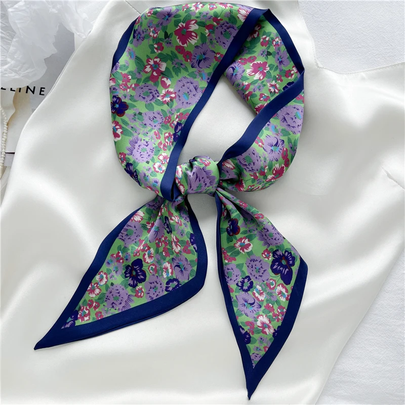 Luna&Dolphin Women French Wide Ribbon100X10cm Geometric Print Green White Blue Long Scarf Headbands Neckerchief Streamer Choker