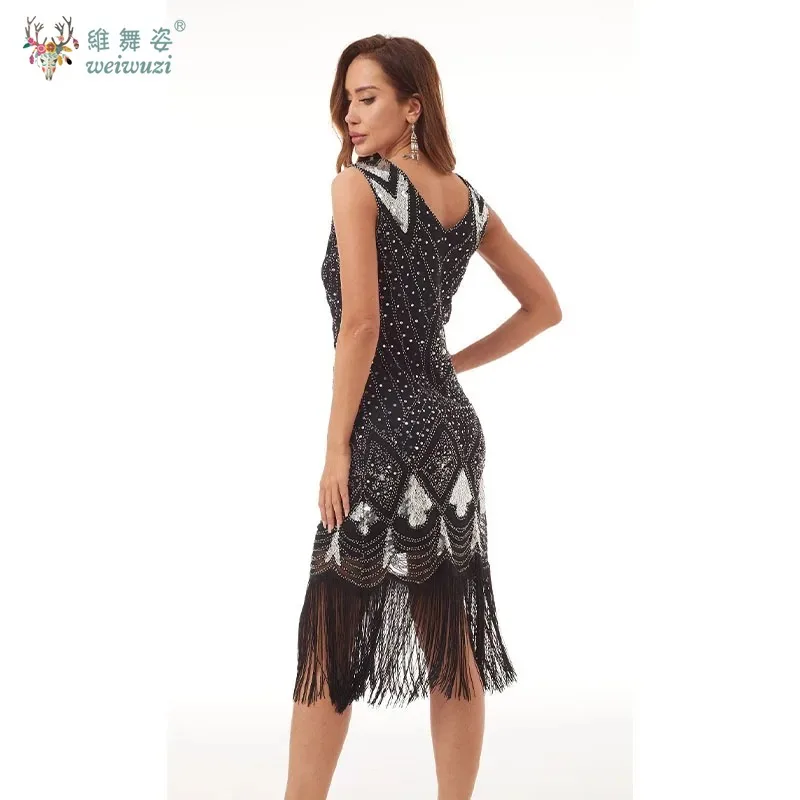 빈티지 스팽글 스터드 수제 진주 술 v 넥 이브닝 가운 대형 파티 무대 공연 스커트 댄스 파티에 적합