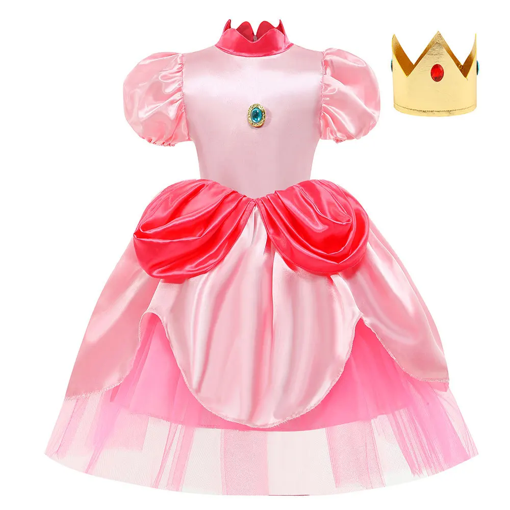 High Quality Children Pink Ruffles Knee Length  Dress Games Cosplay Kids Girls Princess Peach Costumes