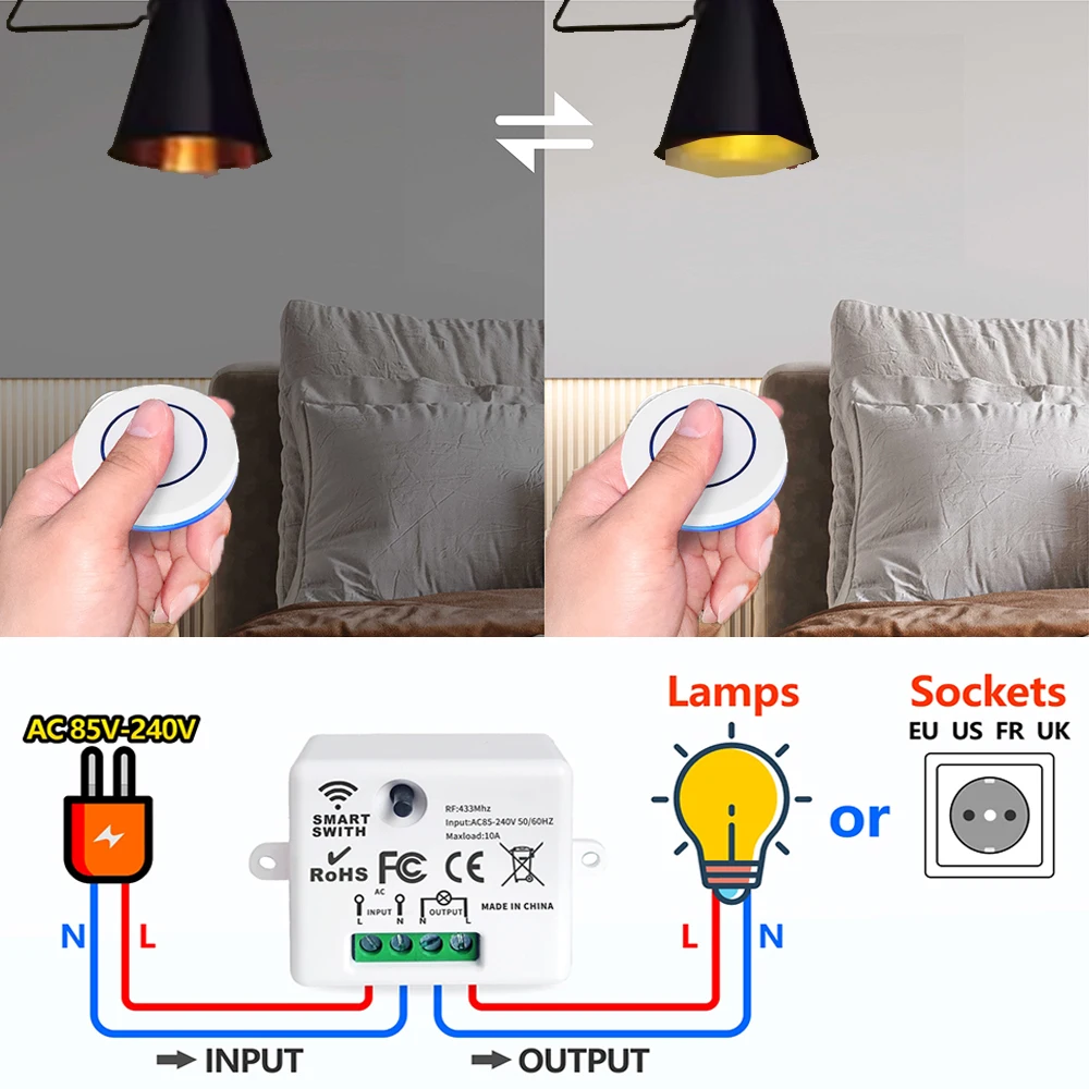 Wireless Remote Control Light Switch RF433MHz 10A 220V 110V Relay Receiver Mini Round Button Wall Panel Switch for Home LED Lamp