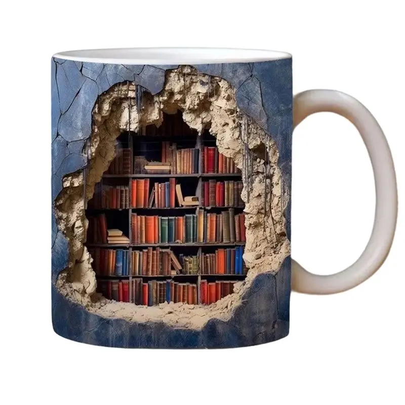 

ABHZ-3D Bookshelf Mug A Library Shelf Cup,Creative Space Design Multi-Purpose Mug, 3D White Mug