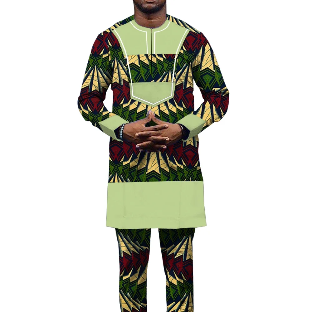 Hip Hop Robe African Men\'s Shirts and Pants Bazin Riche 2 Piece of Sets Africa Clothing Dashiki Outfits Floral Costume WYN1448