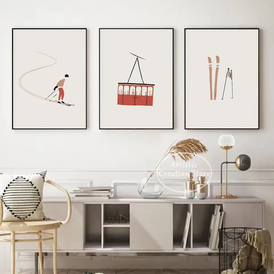 Vintage Watercolor Skiing Skier Artwork Winter Sports Minimalist Poster Canvas Painting Wall Art Pictures Home Interior Decor