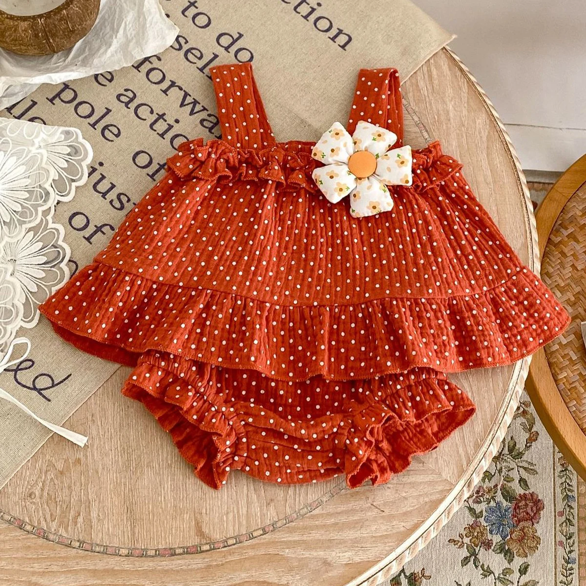 Summer New Fashion Versatile Infant and Toddler Girl Baby Sweet Dot Printed Suspended Top+Bottom Wrapped Pants Sleeveless Set