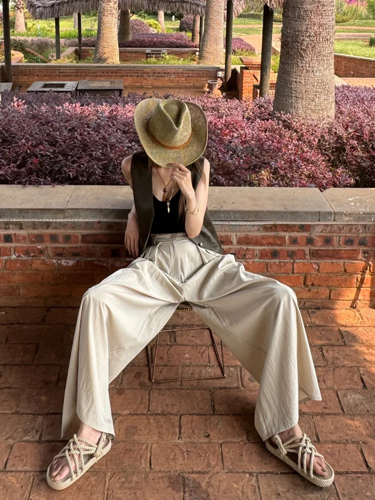 

LADYC High Waist Wide Leg Pants Summer Casual Cool Walking in the Wind Floor Length Women's Pants Breathable Slimming Pleats