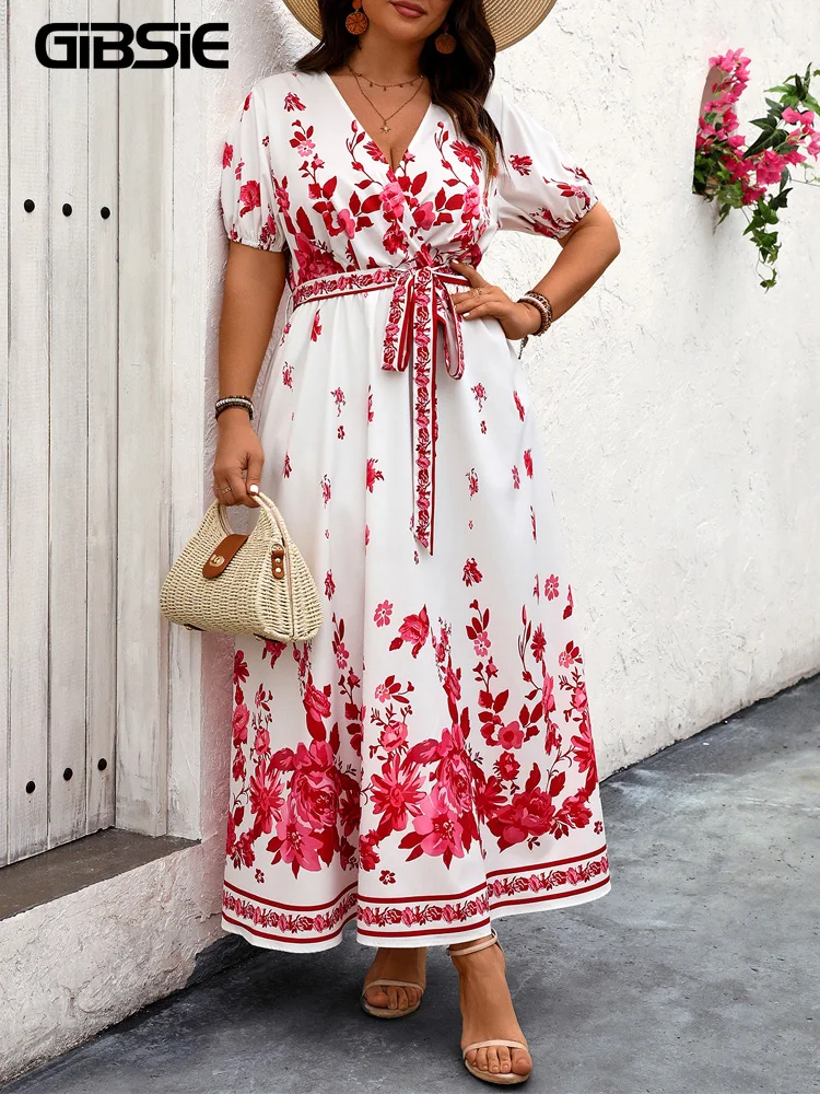 GIBSIE Plus Size Retro V Neck Floral Print Belted Dress Women Casual Vacation Puff Sleeve Big Swing A-line Maxi Long Dresses