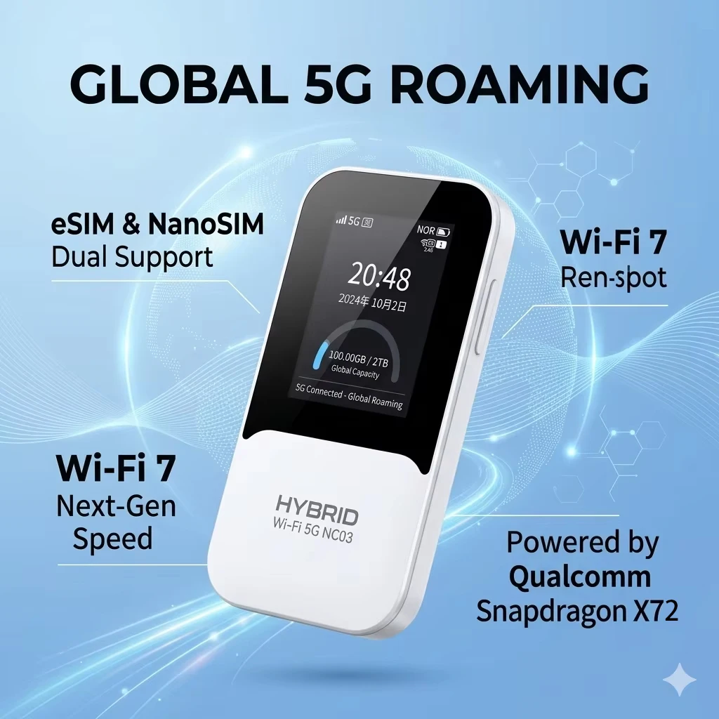 Unlocked HYBRID 5G eSim Mobile Wi-Fi NC03 SDX72 6GHz 3.5Gbps WiFi 7 Hotspot 5G NR 4G LTE CAT18 Sim Card Portable Router