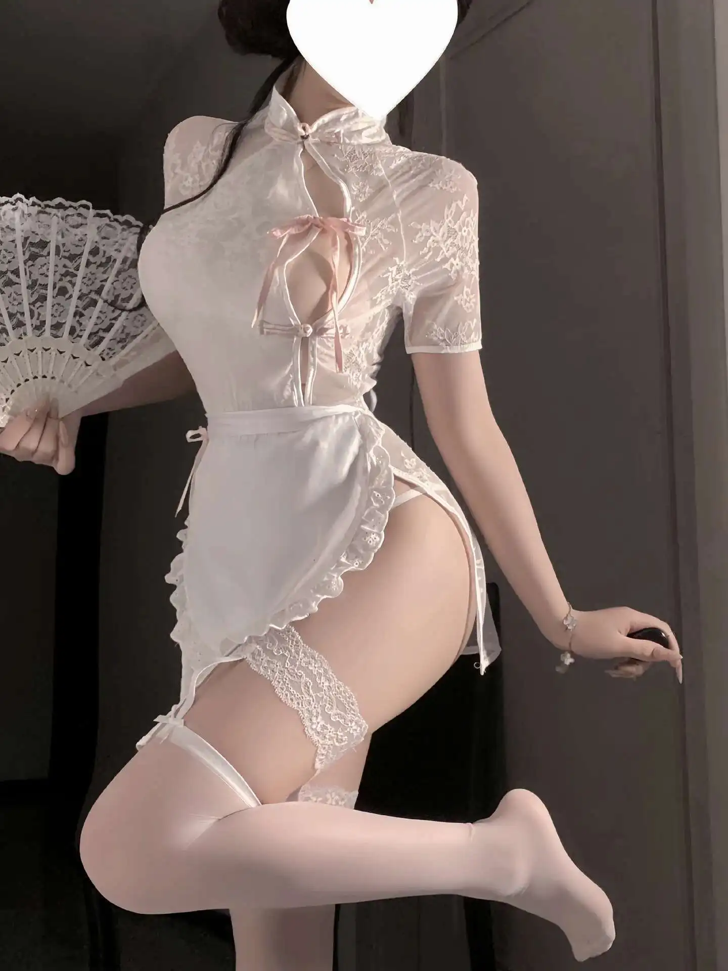 Sexy Cosplay Meid Pure Desire Stijl Cheongsam Jurk Half Transparant Kant Mesh Hol Korte Mouwloze Jurk Charmant ZJEQ