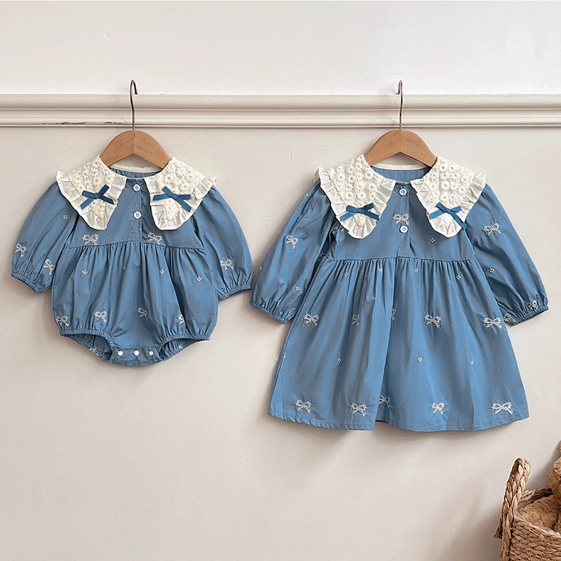 Herbst Infant Prinzessin Body Mädchen Schwester Familie Stickerei Kleid Schwestern Kleidung Mädchen Bogen Spitze Kleidung Baby Strampler Baumwolle