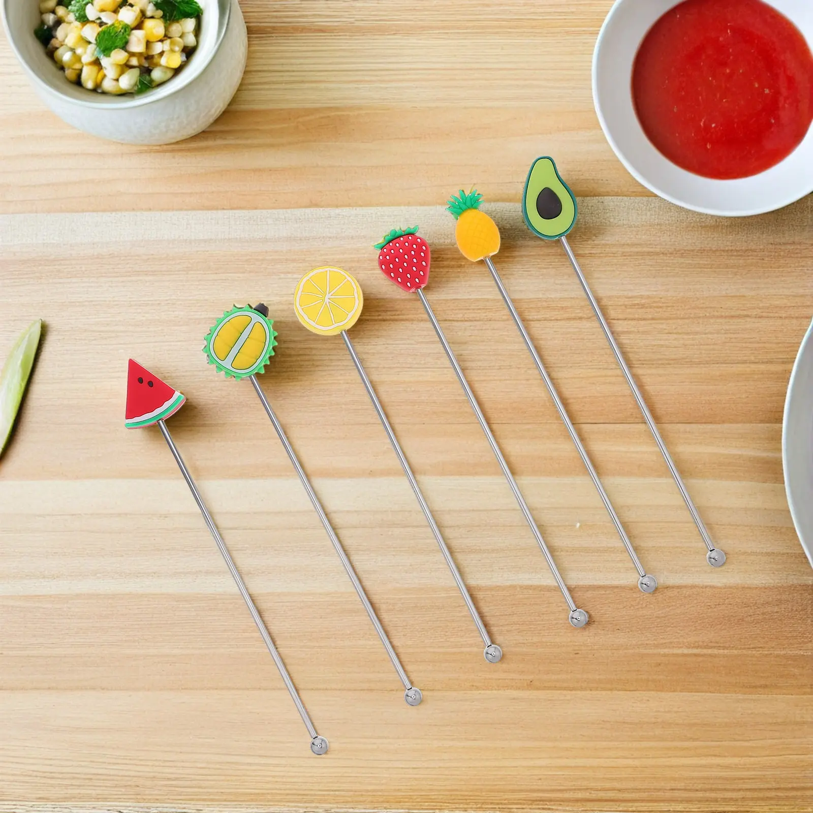 6Pcs Reusable Stainless Steel Coffee Stir Sticks Fruit Shaped Swizzle Sticks Cocktail Bar Drink Mixers Coffee Beverage Stirrer