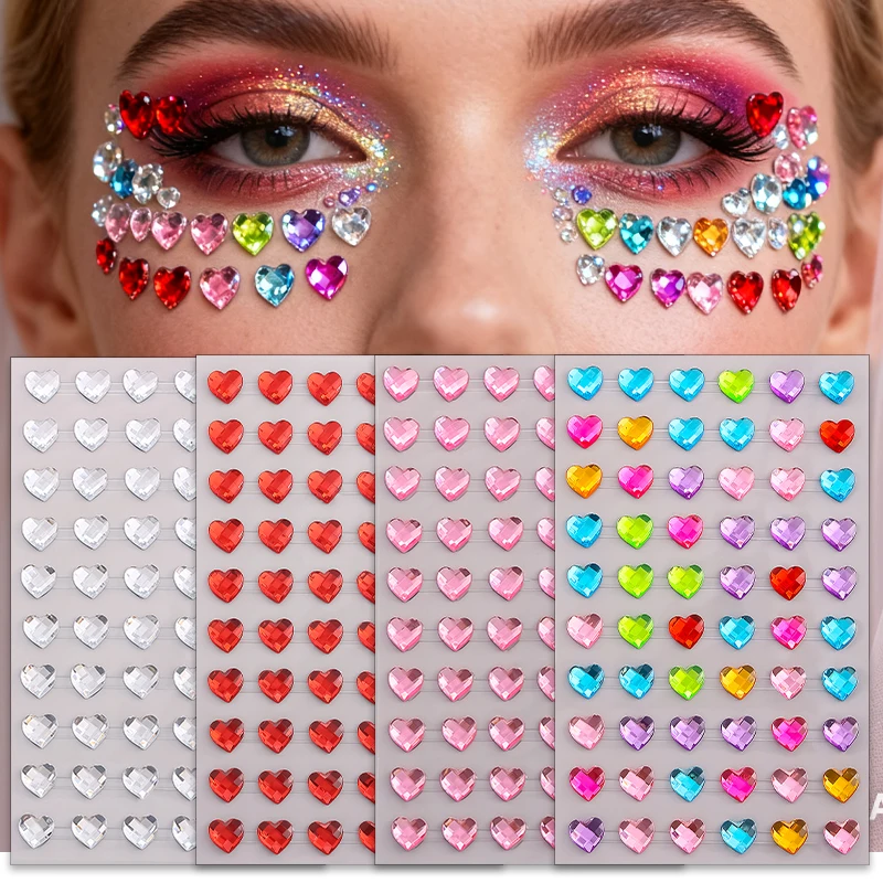4PCS 5D Colorful Rhinestone Heart Diamond Stickers for Face Body Makeup DIY Music Festival Party Tattoo Stickers