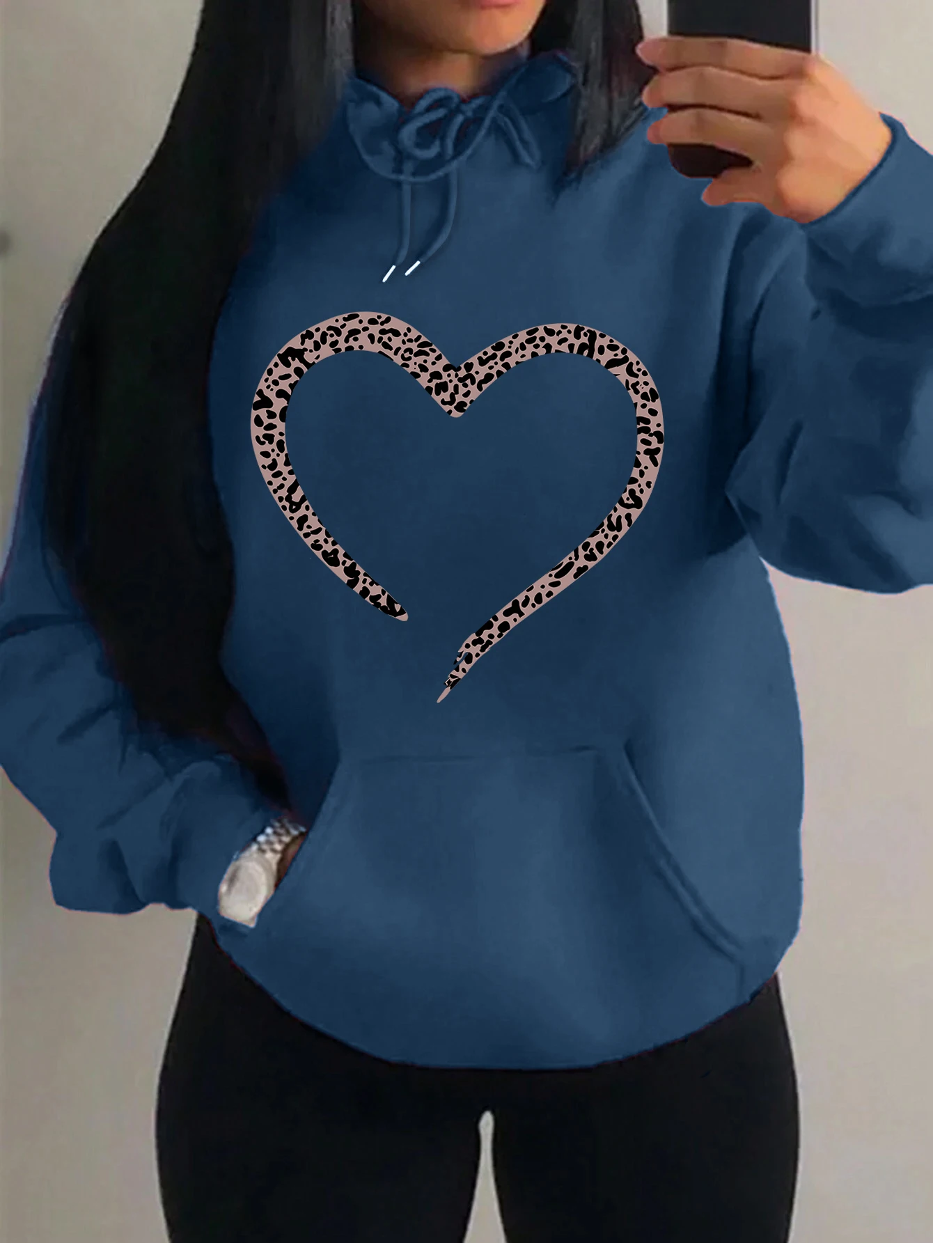 Leopard Print Heart Creative Printing Women Hoody Fashion Multicolor Hoodies Casual Street Pullover Fleece Pocket Female Tops