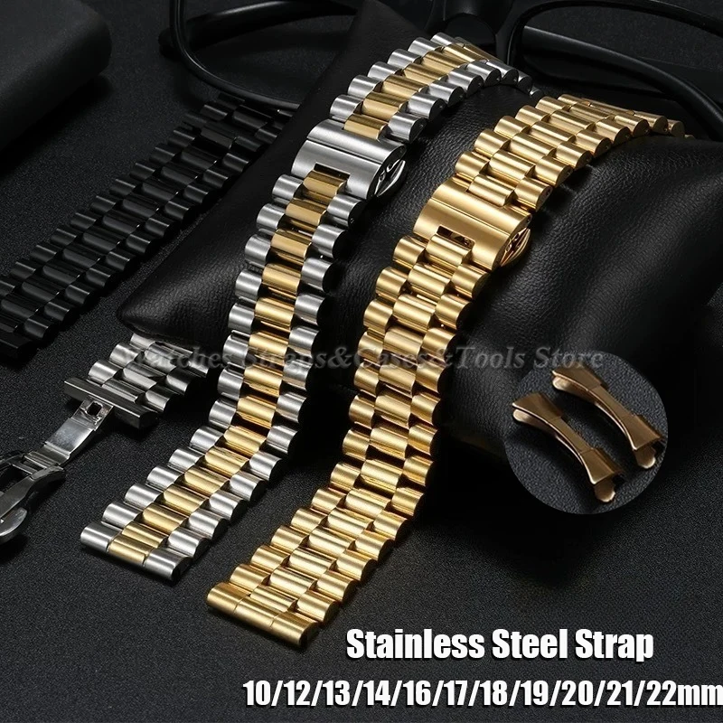 

10/12/13/14/16/17/18/19/20/21/22mm Curved End Solid Stainless Steel Watch Strap Three Bead Butterfly Buckle Bracelet Accessories