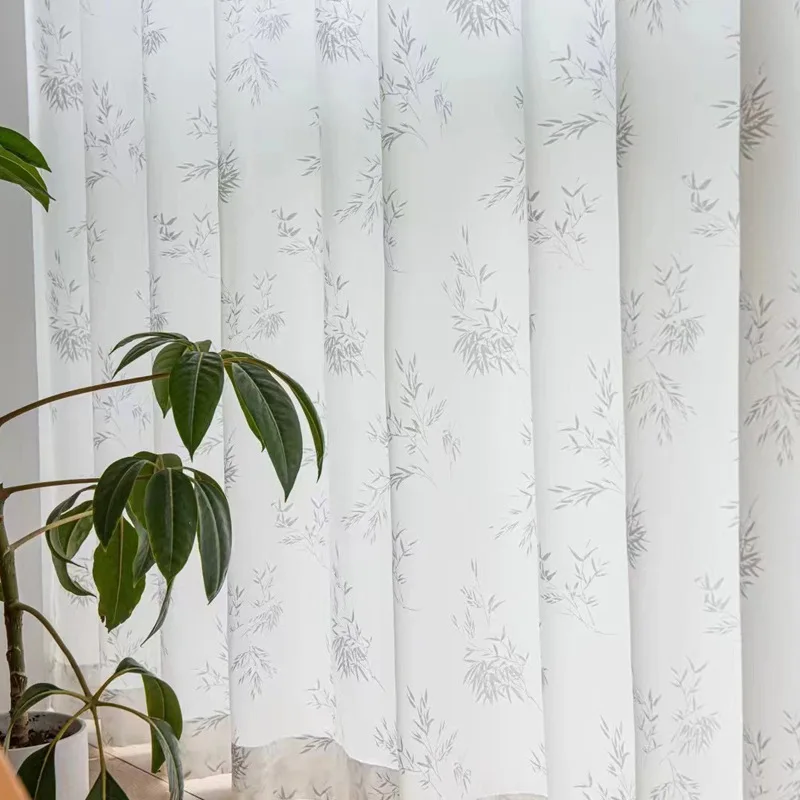 NORNE-Solid Bamboo Leaves White Sheer Curtains for Living Room and Bedroom,Jacquard Tulle Window Drapes Voiles Tulle Custom Made