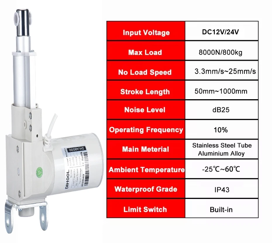 8000N linear actuator with transmission handle DC12/24V 80kg~800kg load 50mm~1000mm stroke 25mm/s low noise stainless steel