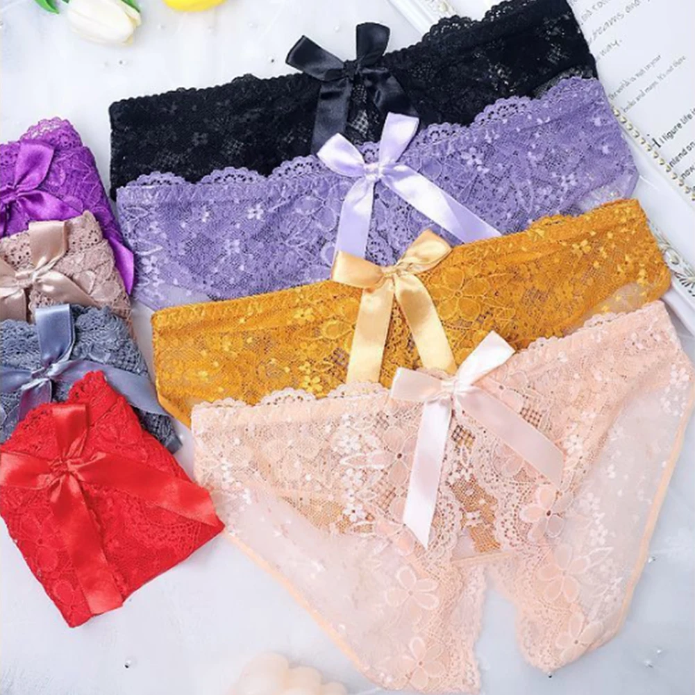 

1pc Purple Grey Yellow Women Bow Lace Panties Open Crotch Erotic Underwear Thongs G-strings Sexy Briefs M-XL Size