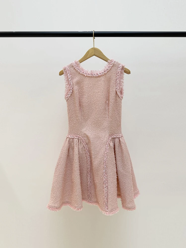 Self-portrait Summer Fashion Party Tweed Elegant Mini Dress Women's Sequins Weaving O-Neck Sexy Backless High Waist Short Dress