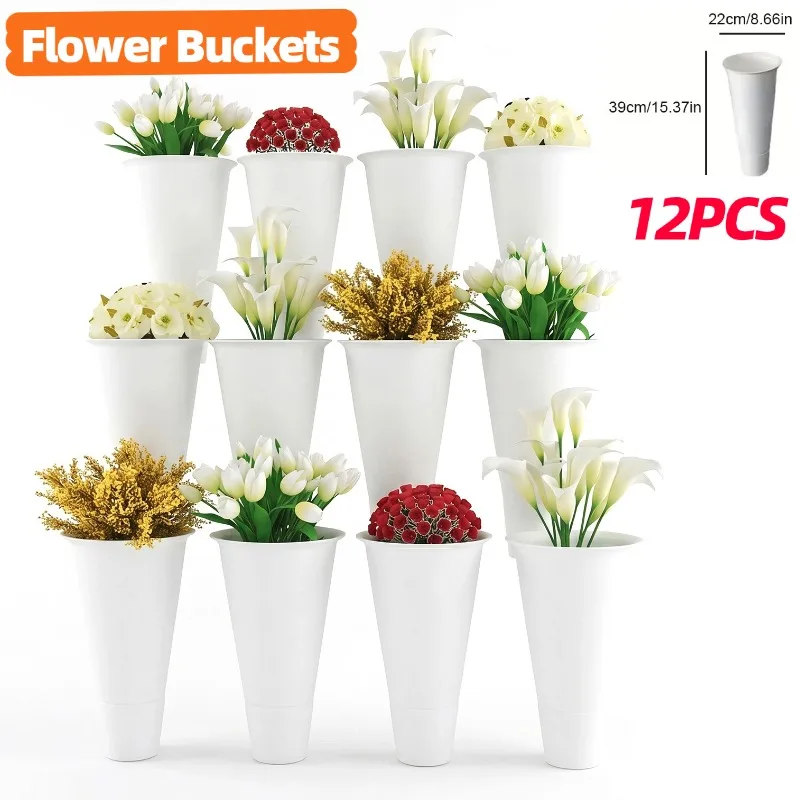 

12 PCS Flower Display Stand Buckets White Plastic Plant Stand Tapered Buckets Large Capacity Plant Planter for Balcony Garden