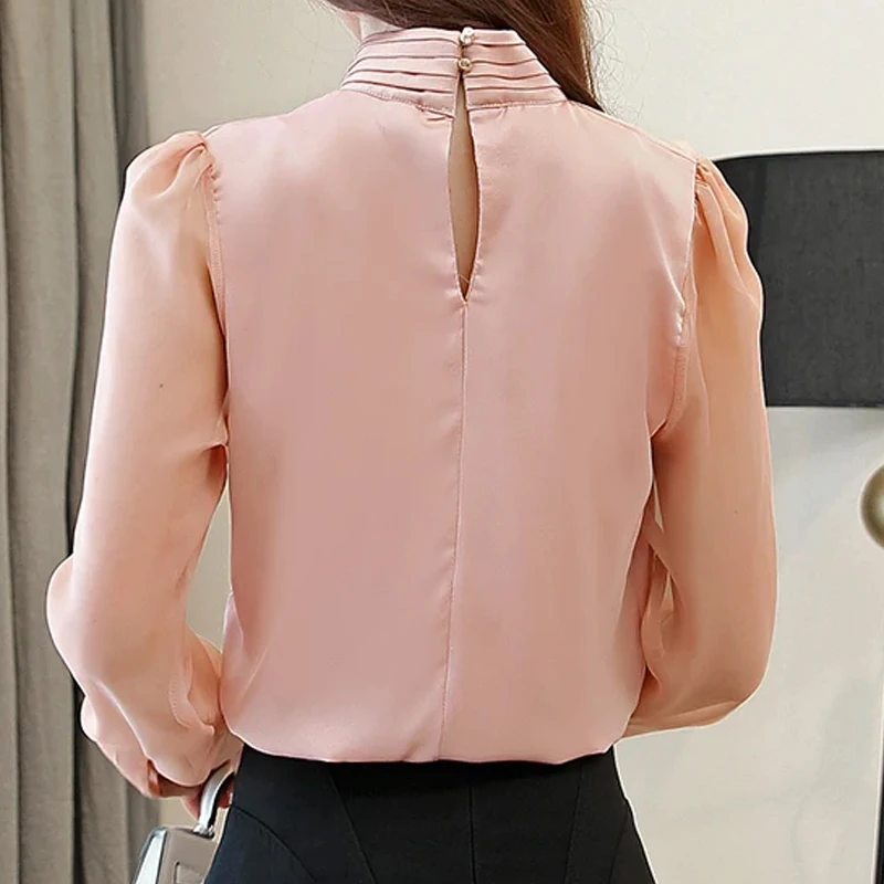 Summer Fashion Long Sleeve Tie Bow Blouse Chiffon Women Shirts 2024 New Tunic Turtleneck Formal Women White Black Shirts 0599 30