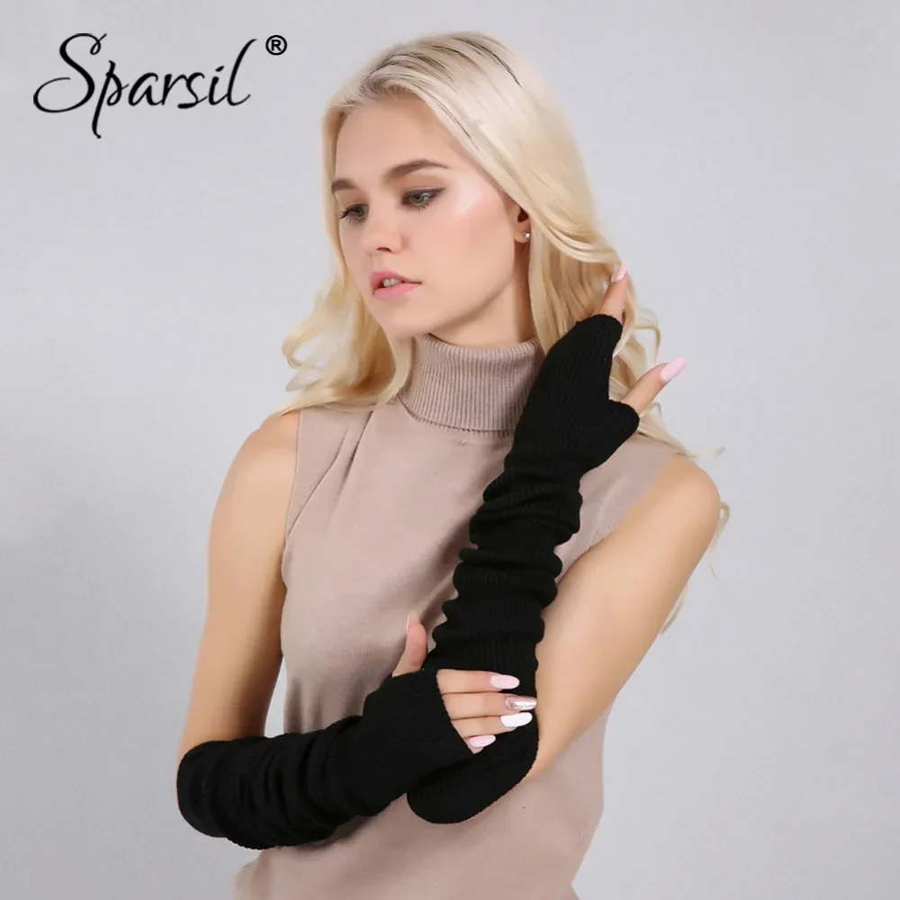 Sparsil Women Winter Cashmere Long Glove Solid Knitted Soft Warm Wool Mittens Female Autumn Arm Sleeve Warmer 60cm Lady Glove