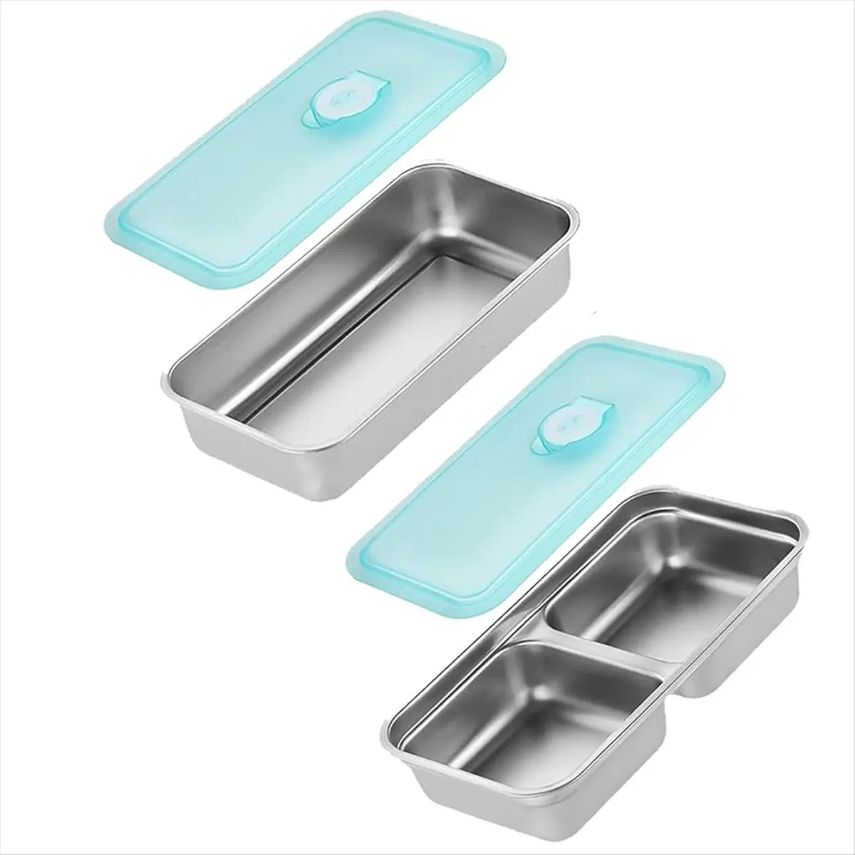 TOP!Portable Lunch Box Reusable Snack Box with Lid Stainless Steel Double Compartment Snack Box Food Storage Box with Lid