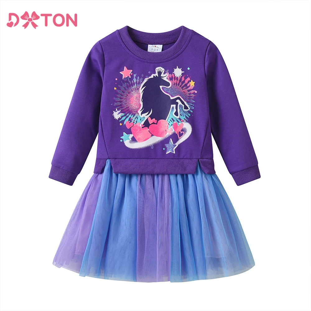 DXTON Princess Girls Dress Winter Sweater Children's Dress Licorne Toddler Vacation Clothing Heart Patchwork Casual Kids Dresses