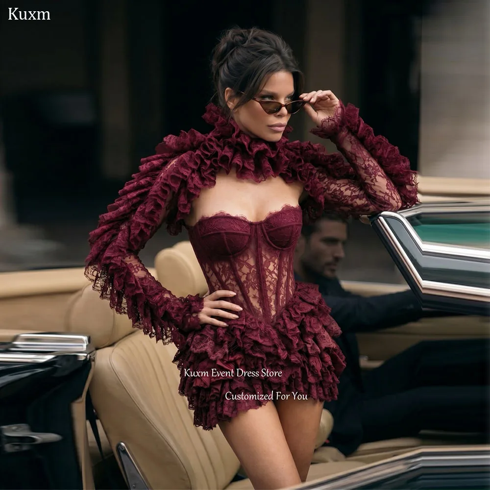

Kuxm Sexy Burgundy Sweetheart Mini Prom Dress Long Sleeve Backless Cocktail Gown Lace Appliques Women's Evening Gowns Customized