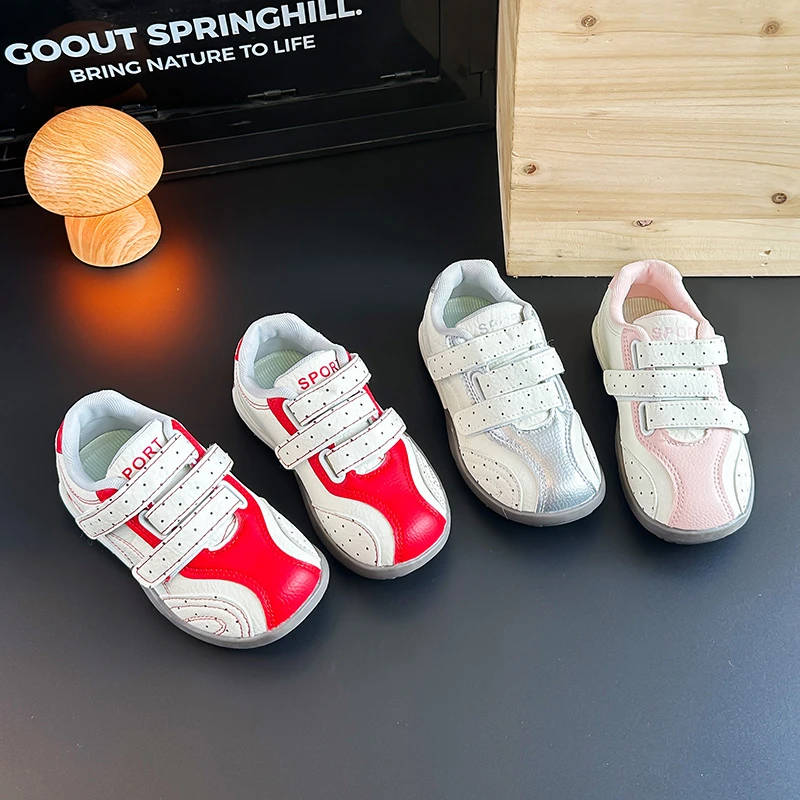 Kids'Casual Shoes Sneakers Solid Color PU Leather Autumn Shoes For Children Anti-slip Breathable Pink Silver Size 26-37