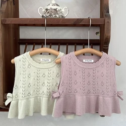 New Spring Kids Knitted Vest Girls Knitted Hollow Out Vests Sleeveless Pullovers Summer Korean Style Ruffles Kids Cotton Sweater