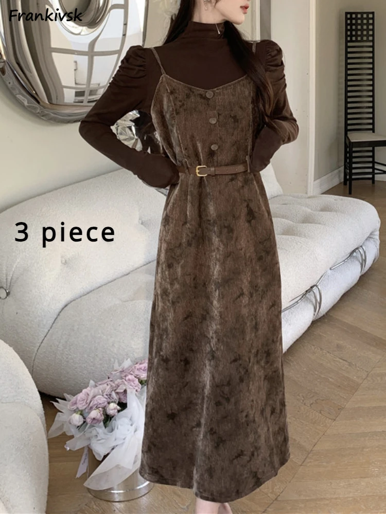 Retro Dresses Sets Women Maillard Temperament Puff Sleeve Spring Autumn Tops Straight Vent Suspender French Style Advanced Ins