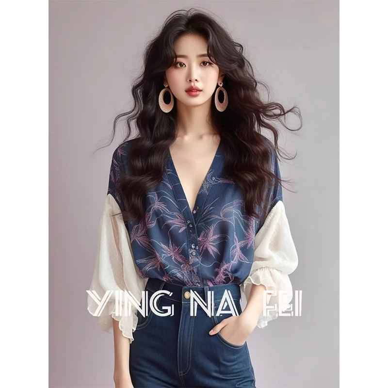 

Women Spring Summer Fashion Printing Office Lady V-neck Puff Sleeve Blouse Ladies Elegant Temperament All-match Casual Tops