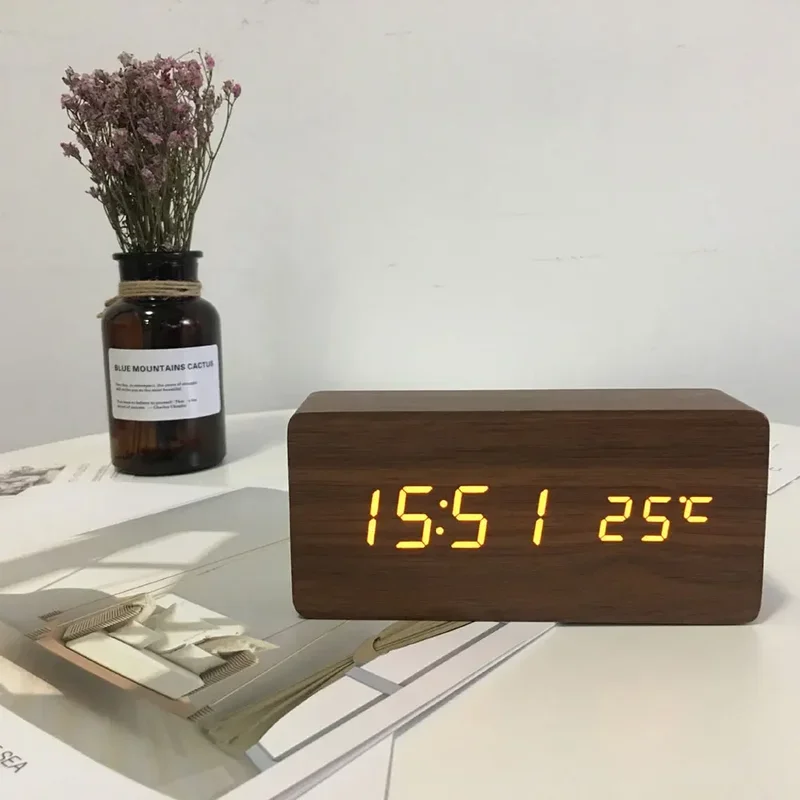 Wooden Digital Alarm Clock, LED Alarm Clock with Temperature Desk Clocks for Office,Bedside Clock Wooden Digital Alarm Clock