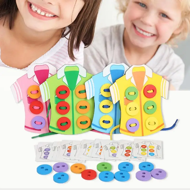 Button Tie Toy For Kids Wooden Clothes String Toy For Early Learning Educational Hand-Eye Coordination Teaching Aids For Birthda