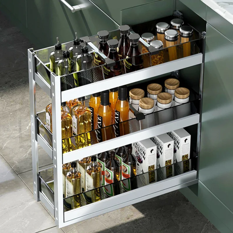 

Kitchen Cabinet Drawer Seasoning Storage Shelf 2 layer Condiments Pull Basket Aluminum Alloy Pull Out Cabinet Organizer Rack
