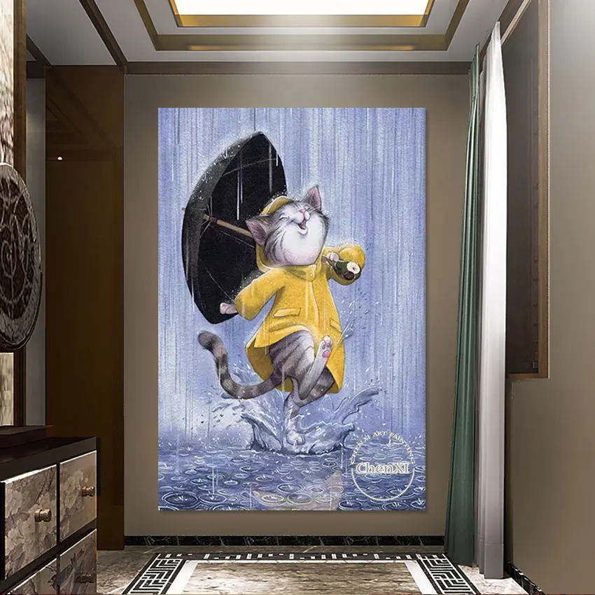 

Cat Running Under Raining Cute Animal Canvas Wall Decor Painting Children Room Decoration Abstract Cartoon Picture Art Set