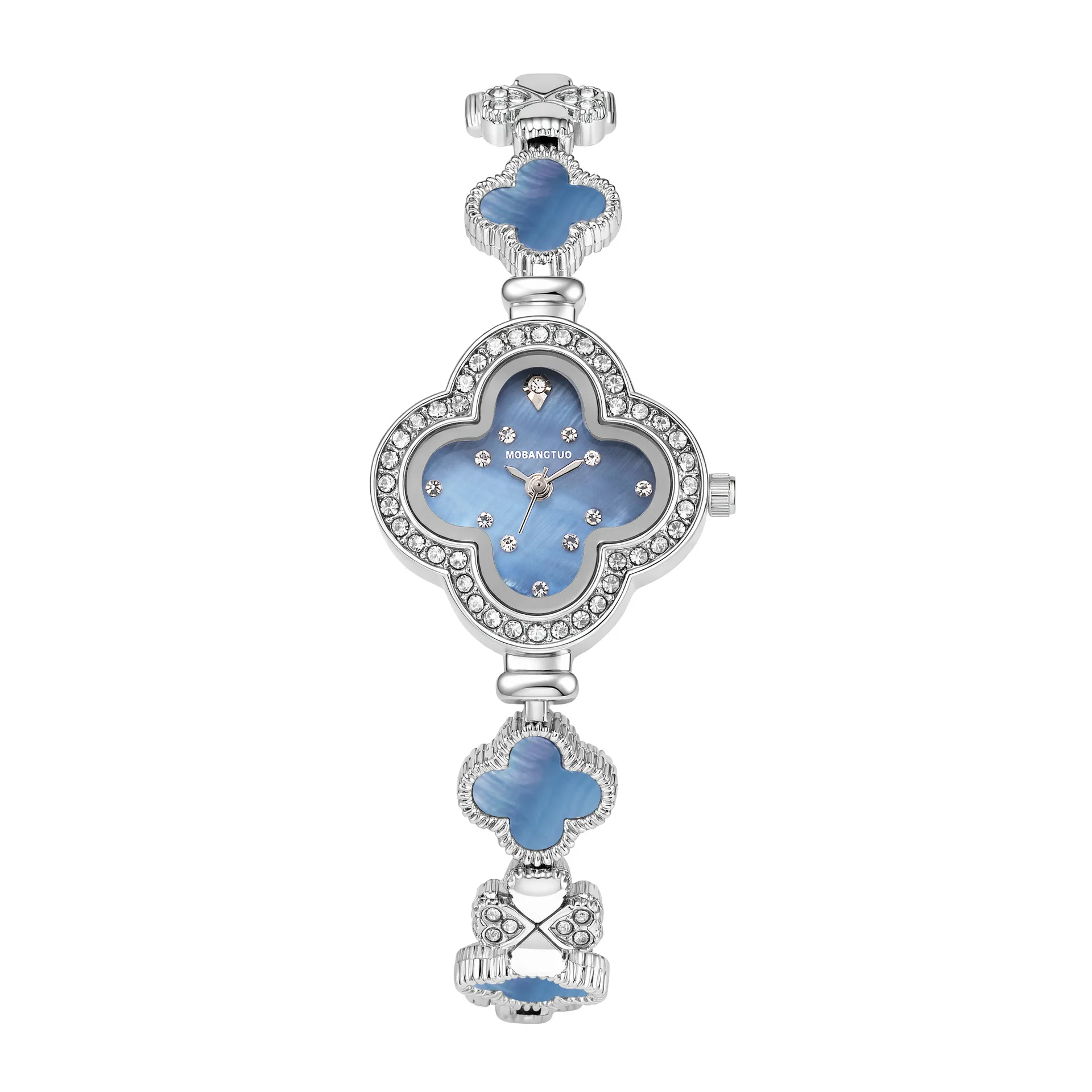 KAIRIS Women's Luxury Clover Watch Blue Shell Dial Crystal Bezel Silver Bracelet Quartz Wristwatch Jewelry Gift view 6