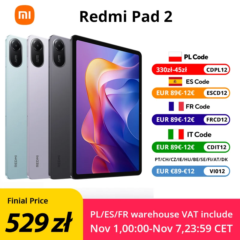 Xiaomi Redmi Pad 2 Wifi 11 "الإصدار العالمي 2.5K كريستال شفاف MediaTek Helio G100-Ultra Mi Tablet 90 هرتز 9000 مللي أمبير في الساعة