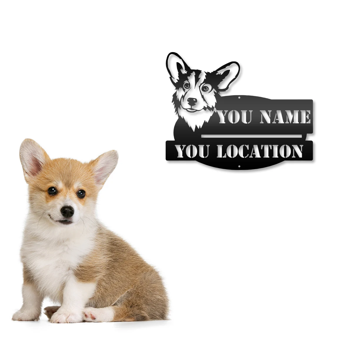 

1pc Corgi location cartoon funny Customized Text Metal Wall Signs Iron Wall Plaque For Kids Rooms Home Decor