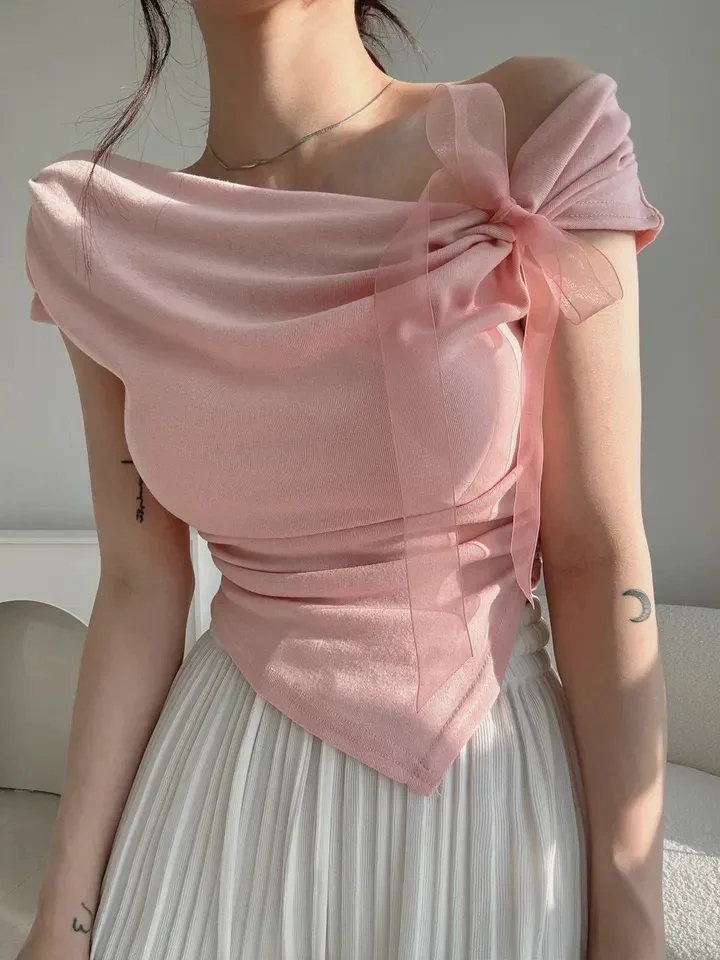

AzaleeKa Sexy Bow Lace Up Off Shoulder Crop Top Women Korean Style Folds Waist Design Slim Fit Y2k T-shirt Temperament Sweet Tee
