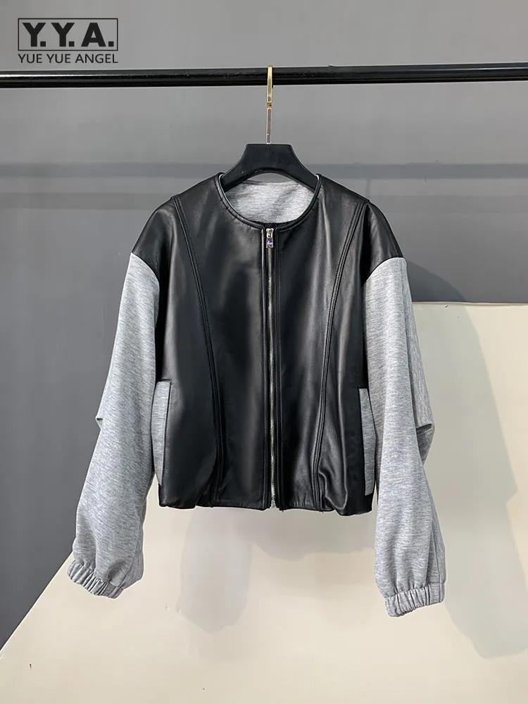 Casual Women Zipper Genuine Leather Patchwork Cloth Short Jackets Sheepskin O Neck Sheepskin Fashion Lady Loose Outerwear Coat
