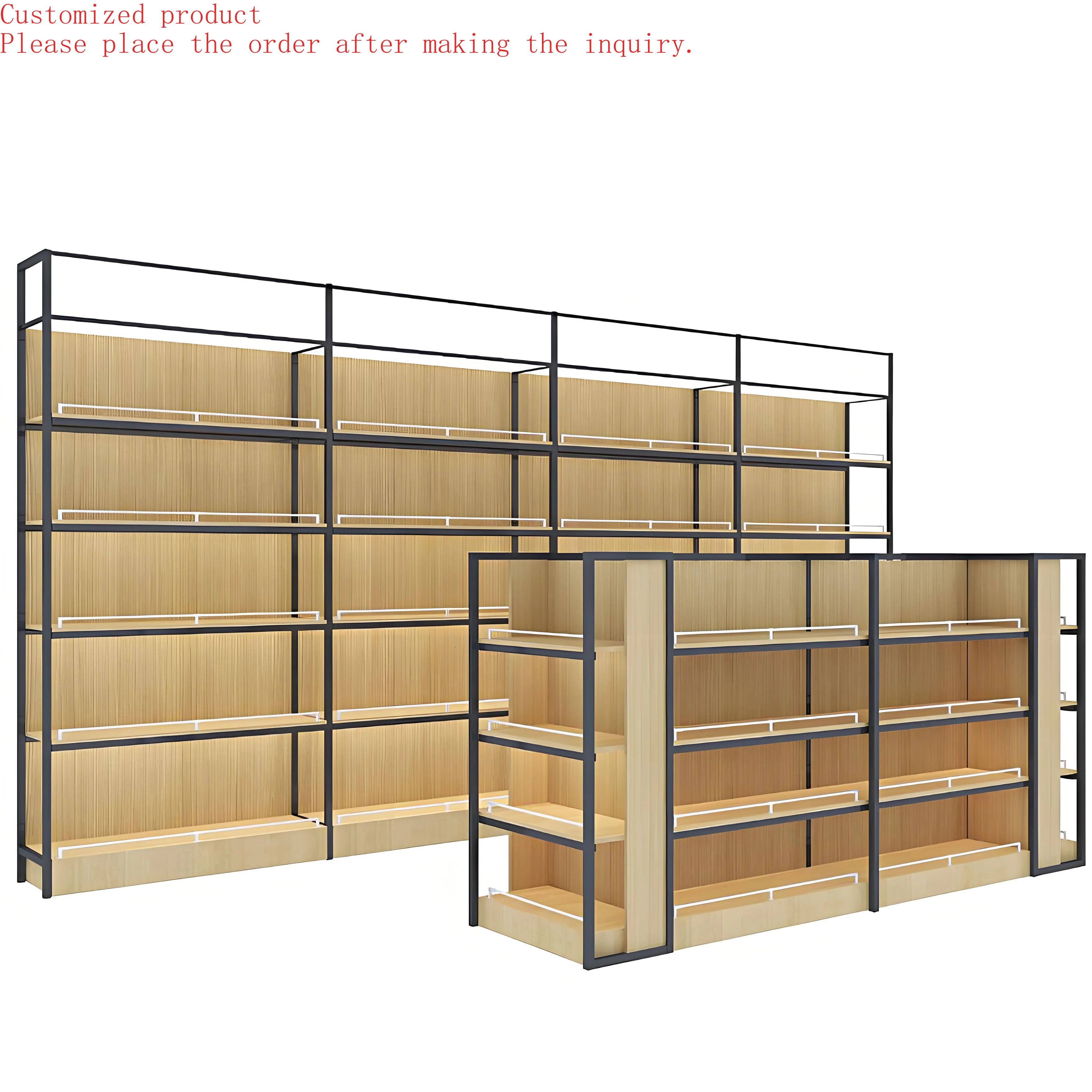 

Custom.Manufacturer's Lightweight 5-Layer Supermarket Display Rack Double-Sided Flat Back Panel Adjustable Wooden Shelf Durable