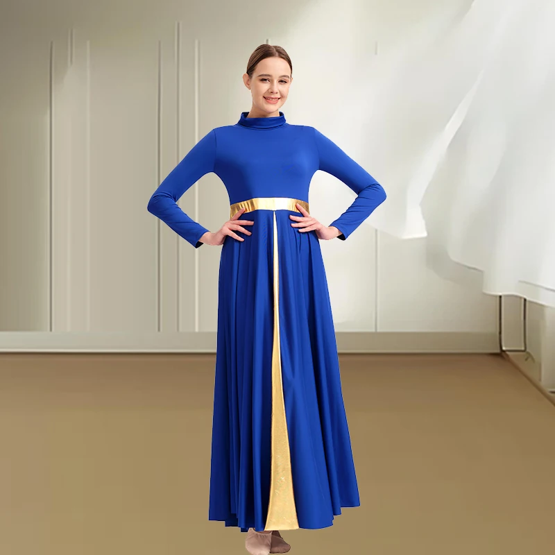 Robe de danse d'éloge à col haut pour femmes, ceinture métallique, longue balançoire, culte liturgique, Robe d'église, vêtements de danse lyrique