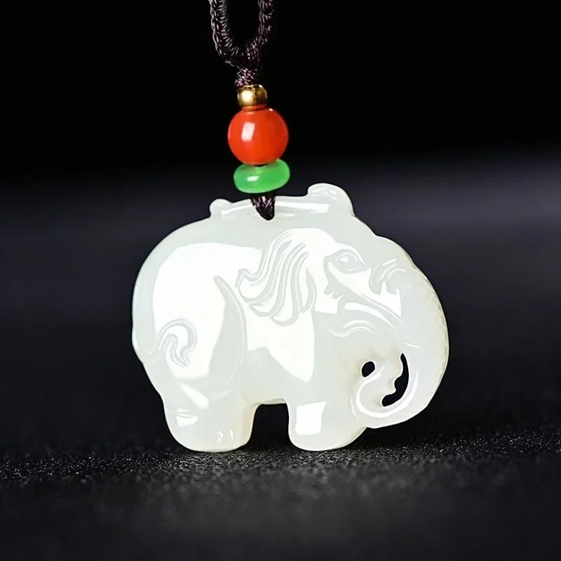 Chalcedony White Jade Elephant Necklace Natural Pendant Chinese Fashion Jewelry Carved Amulet Gifts Men and Women Sweater Chain