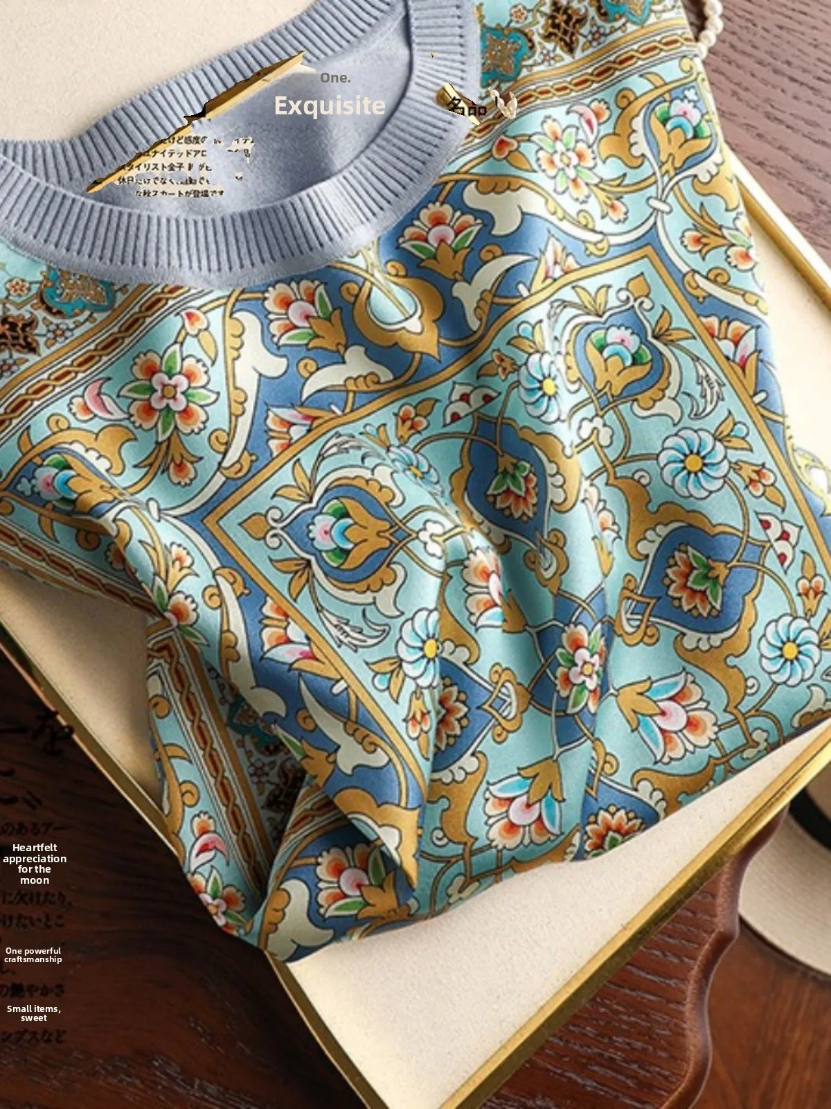 

Outlet Store Women's Retro Print Silk Patchwork ort Sve Top Loose Fit Regular Length Summer Faion Ladies' Knitwear