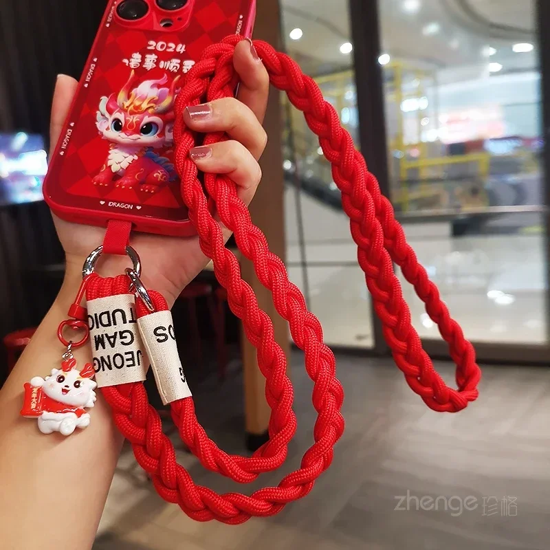 Three Strand Ponytail Braided Mobile Phone Lanyard Crossbody Hanging Neck New Year Style Lion Dance Pendant Phone Case Universal