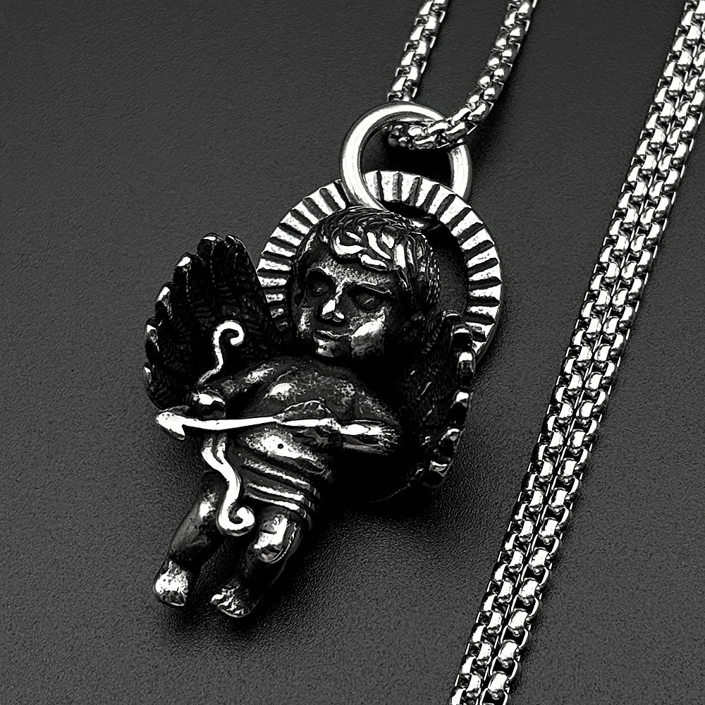 

Vintage Cupid Angel Wing Pendant Necklace Men Women Stainless Steel Goth Cherub Arrow Halo Punk Love Street Christ Chain Jewelry