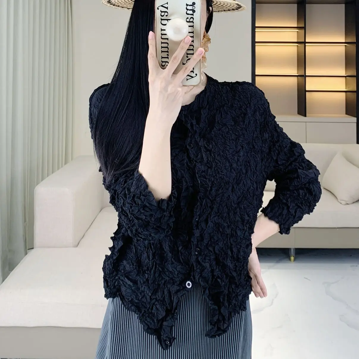 Miyake geplooide dames katoenen jas effen kleur single-breasted mode retro jas met lange mouwen herfst- en winterkleding