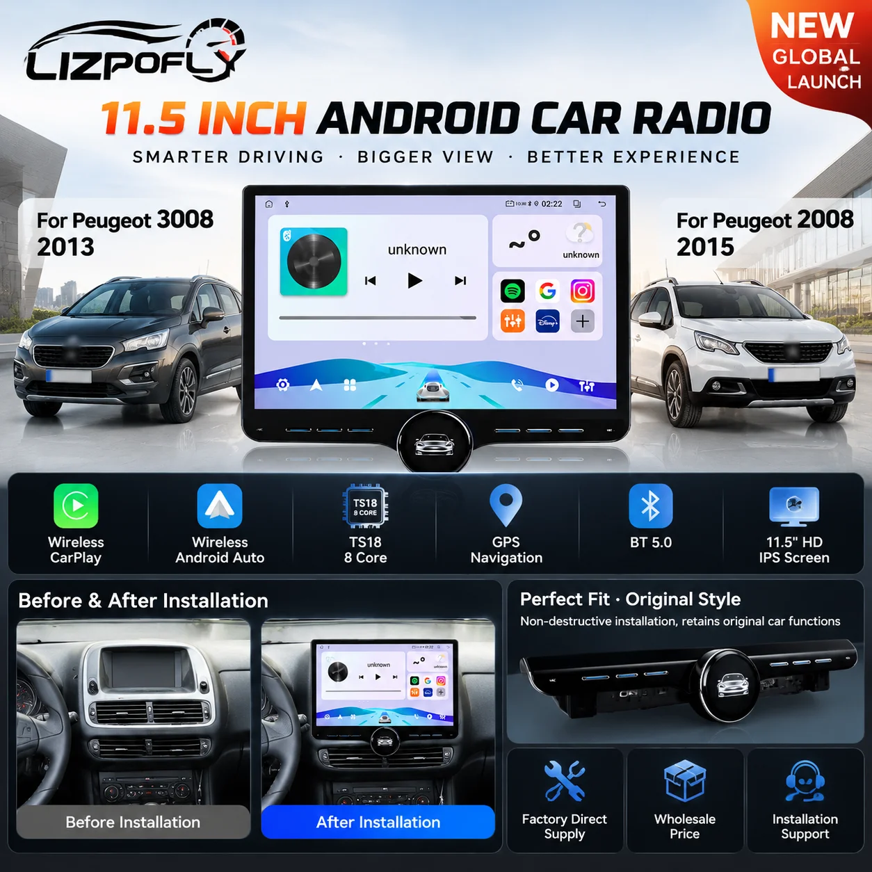 Lizpofly 11.5 inch Android Car Radio For Peugeot 3008/2008  2013/2015 CarPlay GPS Navigation Multimedia Video Player Stereo
